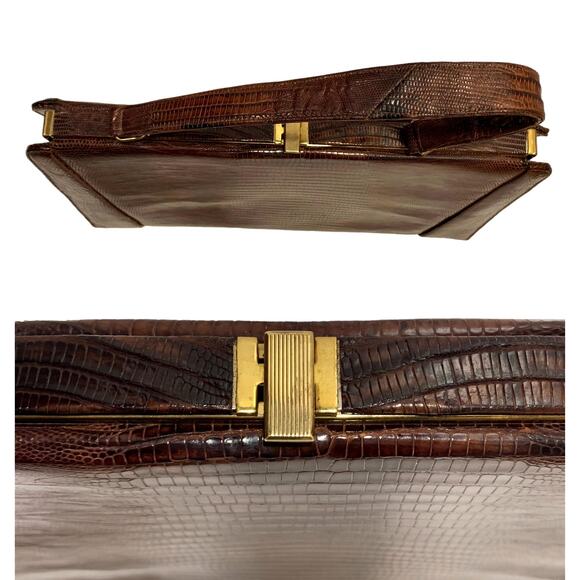50s 60s Large Escort Top Handle Lizard Bag | Brown | Vintage Frame Bag - Picture 4 of 10